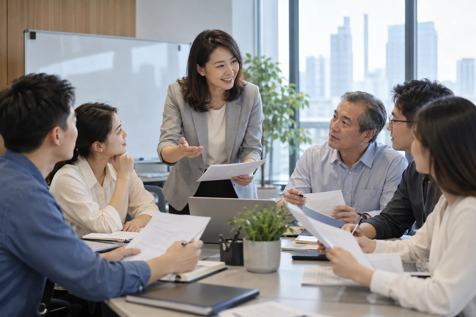 企业团队在明亮的会议室交流